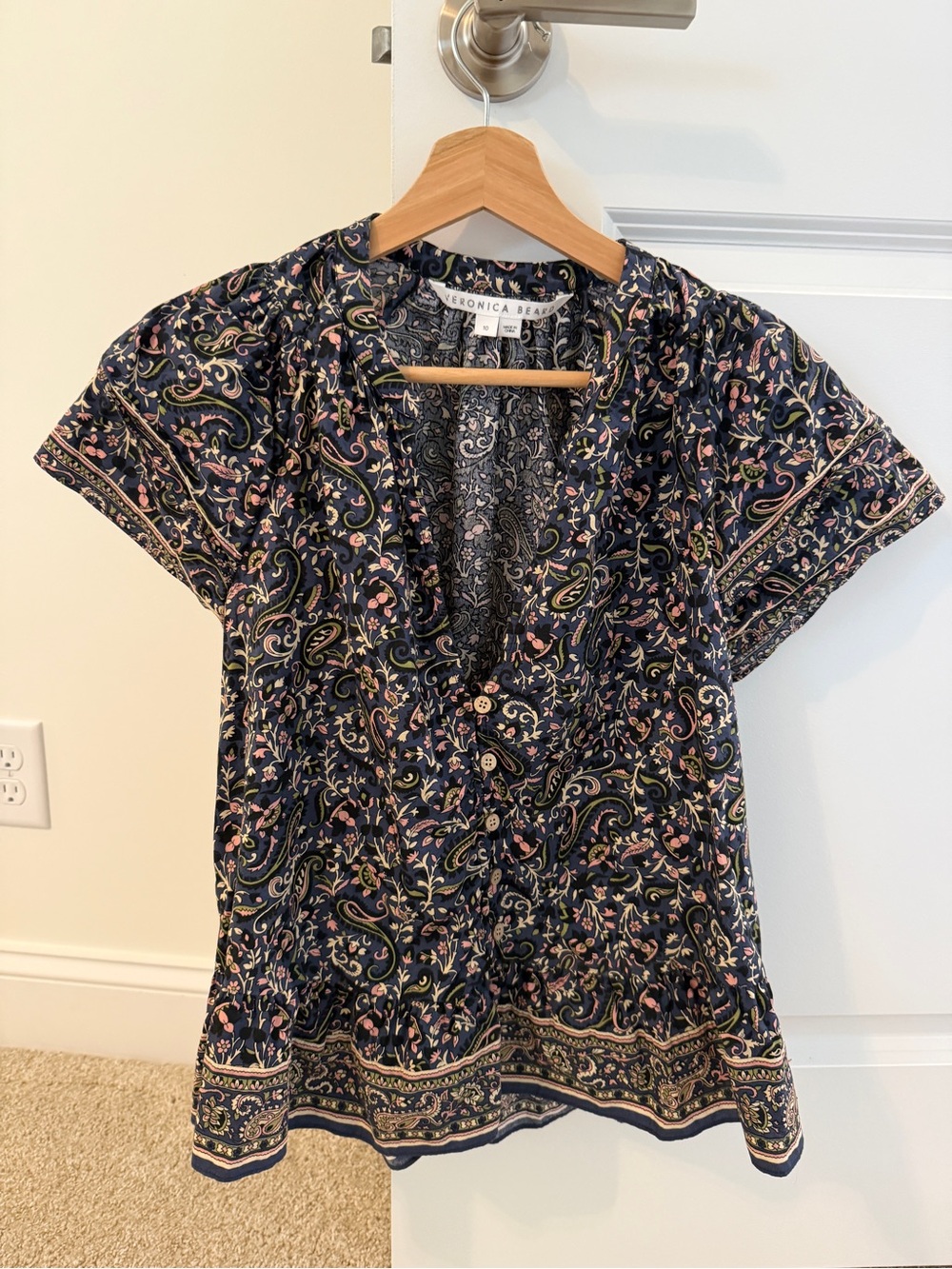 Veronica Beard Navy Paisley Short-Sleeve Button Blouse